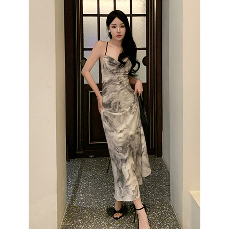 Ink Painting Suspender Dress for Women Summer 2025 New New Chinoiserie Backless Elegant Design Long Skirt Summer Dress