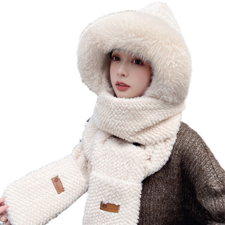 Fox Ear Hat and Scarf All-In-One Hat for Women in Winter, Cute Plush Fleece-Lined, Thickeneded and Warm, Two-Piece Set with Scarf