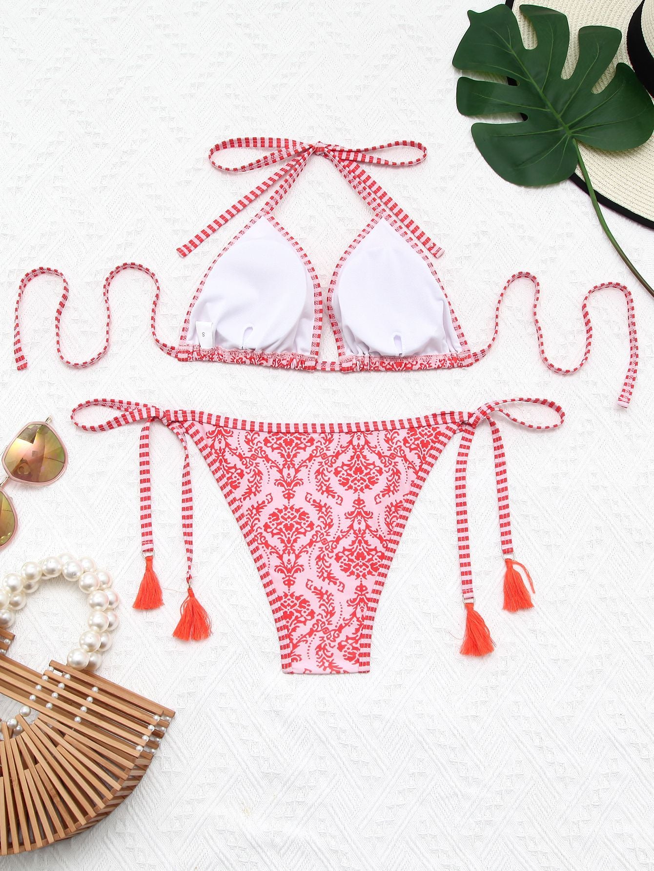 New Ins Style Sweet Pure Desire Style Bow Floral Stripe Split Double-Sided Swimsuit Women Bikini Sexy