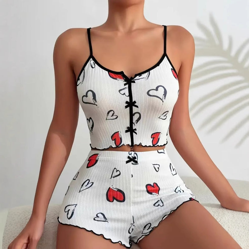 2024 Amazon Aliexpress New Product Heart-Shaped Printed Contrast Color Home Clothes Front Slit Suspender Pajamas Set