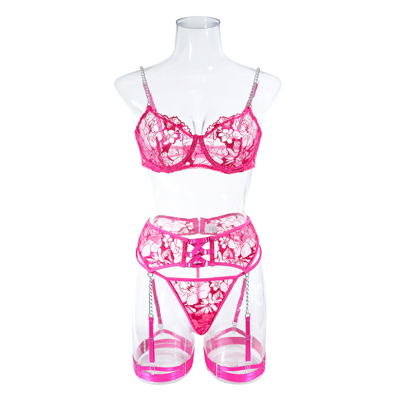 Ins Cross-Border Aliexpress Best-Selling Mesh Embroidered Hanging Chain Garter Cut Out Cross Sexy Lingerie Four-Piece Set