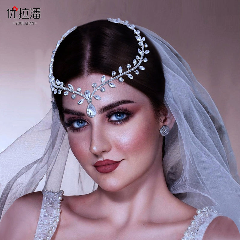 Youlapan Cross-Border European and American Simple Hairband with Rhinestones and Water Drop Design, Forehead Hair Chain, Symmetrical Hair Accessory Hp465