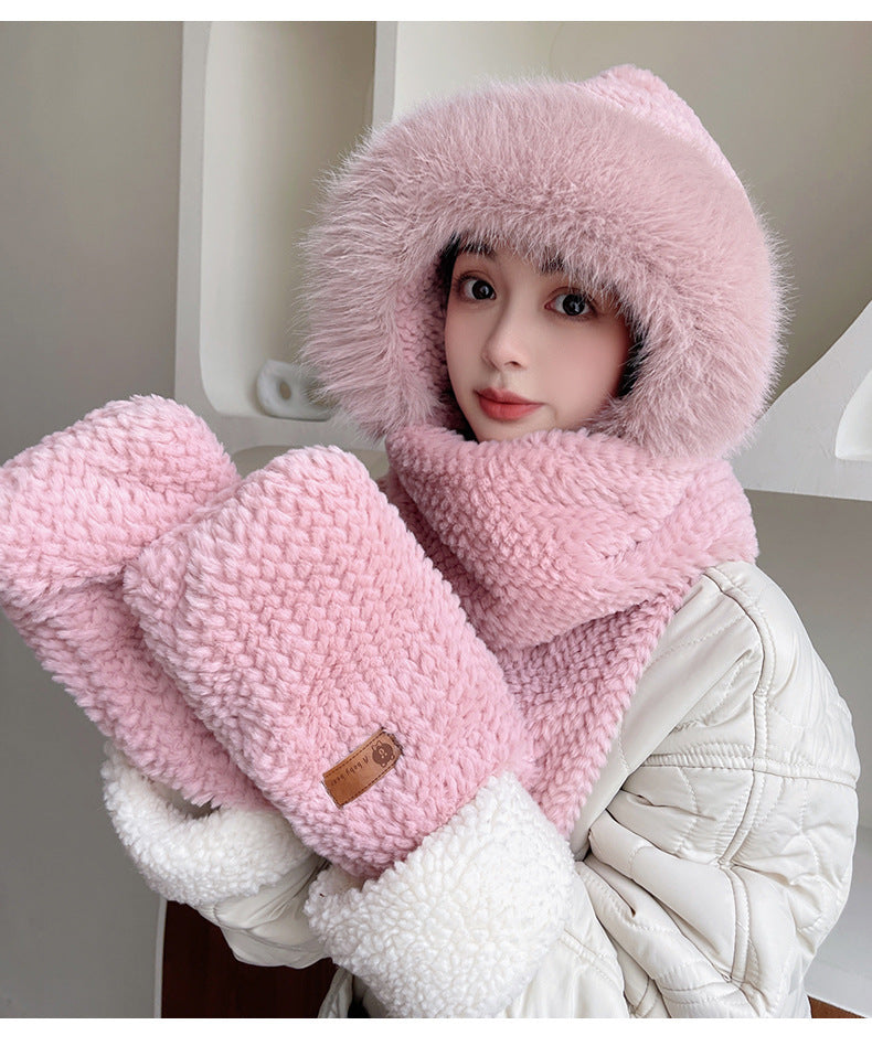 Fox Ear Hat and Scarf All-In-One Hat for Women in Winter, Cute Plush Fleece-Lined, Thickeneded and Warm, Two-Piece Set with Scarf