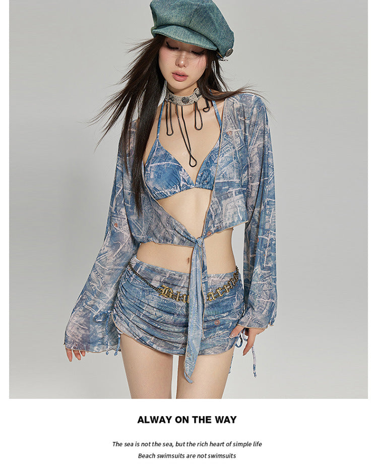 2024 New Korean Style Split Four-Piece Swimsuit, Feminine Small Breasts, Pure Desire, High-End Bikini Hot Spring Swimsuit