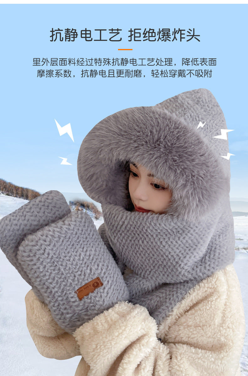 Fox Ear Hat and Scarf All-In-One Hat for Women in Winter, Cute Plush Fleece-Lined, Thickeneded and Warm, Two-Piece Set with Scarf