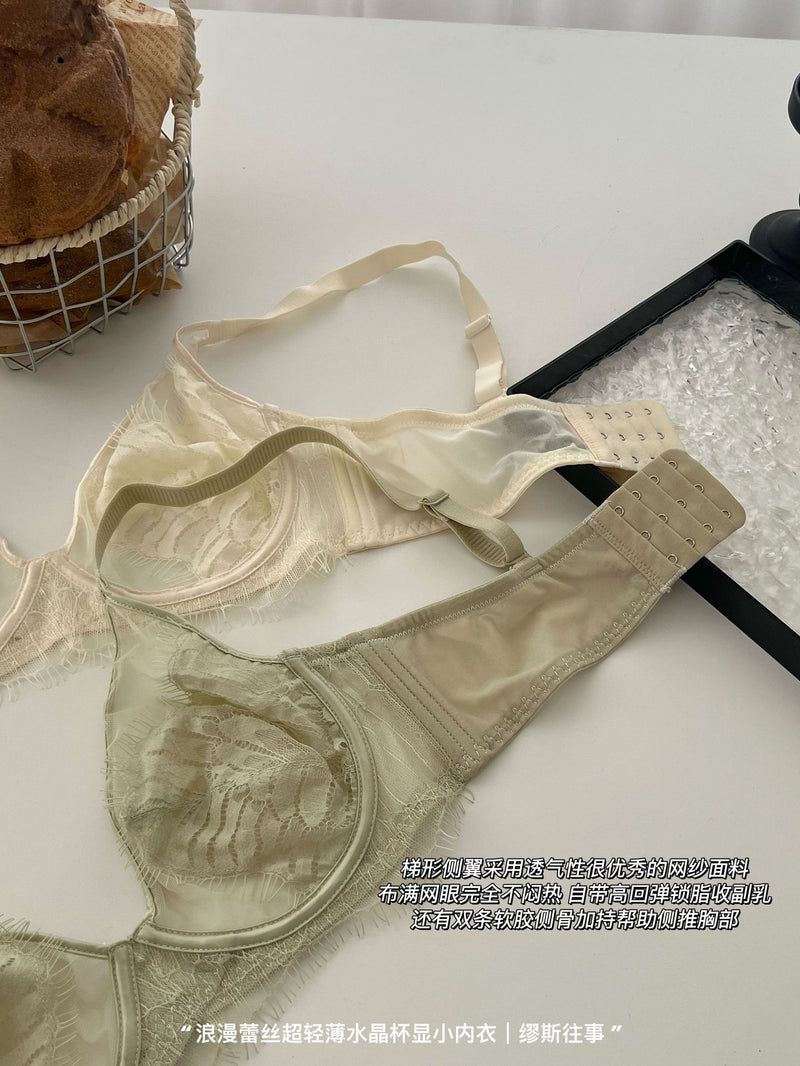 Pure Lust Style Ultra-Thin Sexy Mesh Lace Intimates for Women with Big Breasts, Small Push-Up Anti-Sagging Bra
