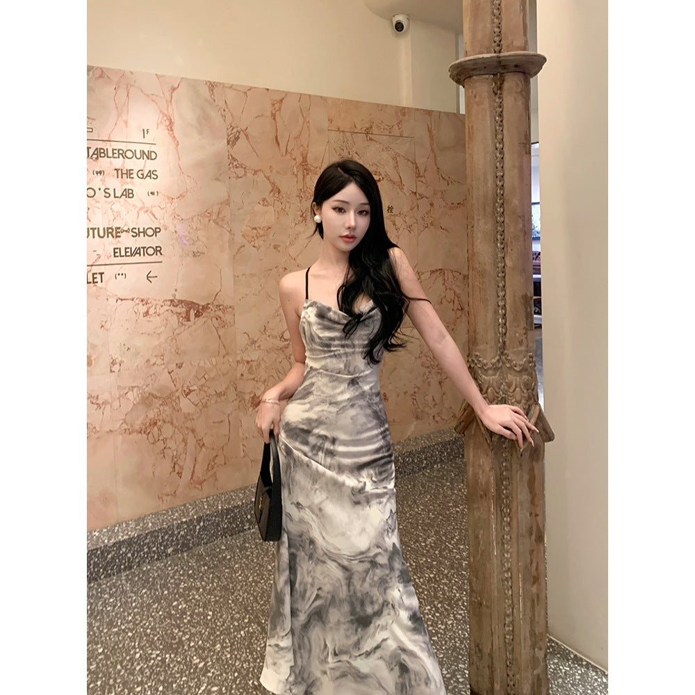 Ink Painting Suspender Dress for Women Summer 2025 New New Chinoiserie Backless Elegant Design Long Skirt Summer Dress