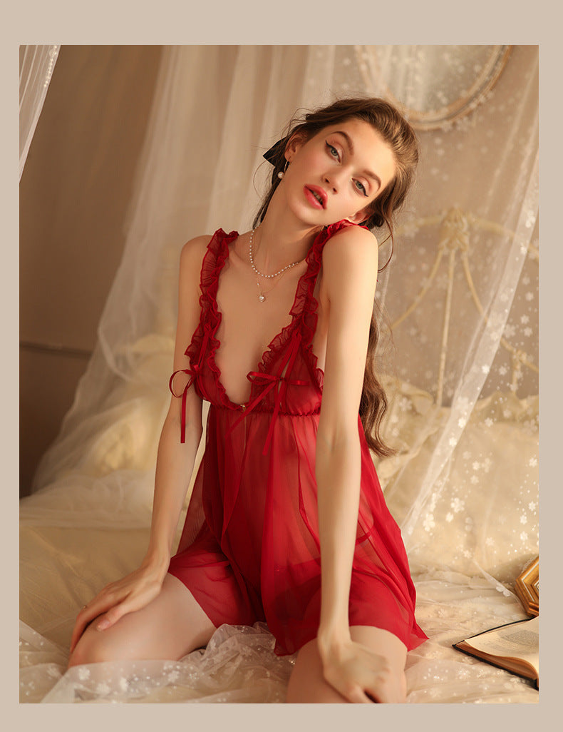 Sexy Lingerie, Sexy Pajamas, Women's See-through Lace Suspender Skirt, Ice Silk Thin Nightgown, Home Wear, Open File, No Need to Take Off