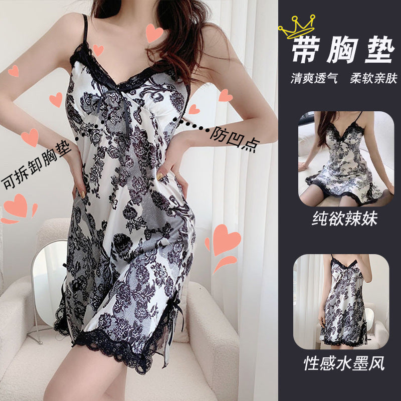 Pure Lust Style Suspender Lace Nightgown Pajamas for Women, Sexy and Charming with Breast Pads, New Lace Bow, Sweet Sexy