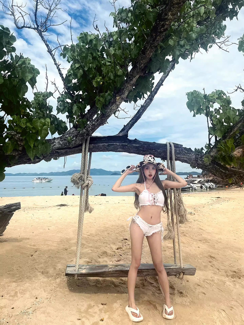Internet Celebrity Sexy Pure Lust Hot Girl Denim Bikini White Slimming Small Breast Strap Split Vacation Swimsuit Women Summer