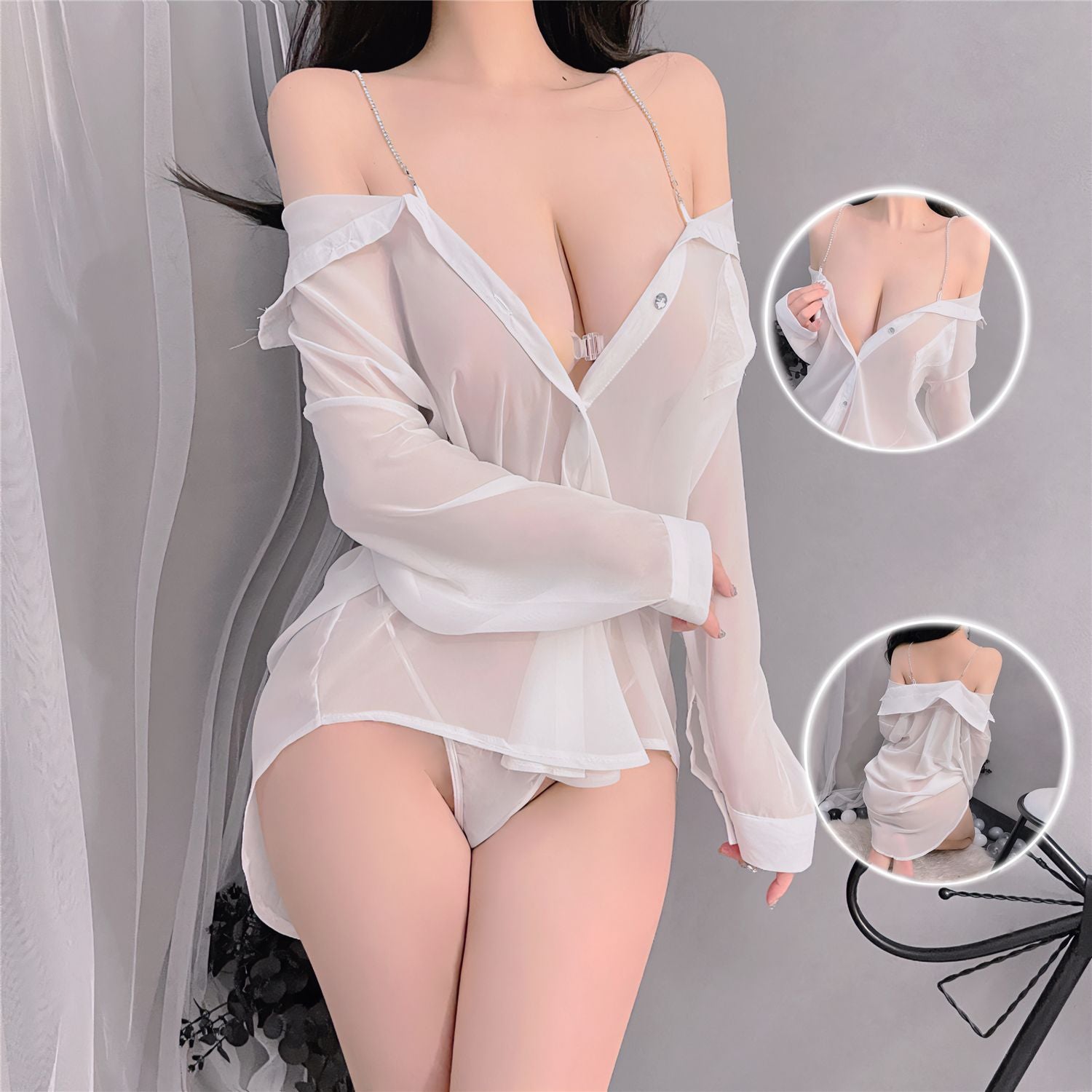 Plus-Size Lingerie Boyfriend Shirt Sexy See-Through Cute Pajamas Camisole Internet Celebrity Live Streaming Outfit Sexy Lace