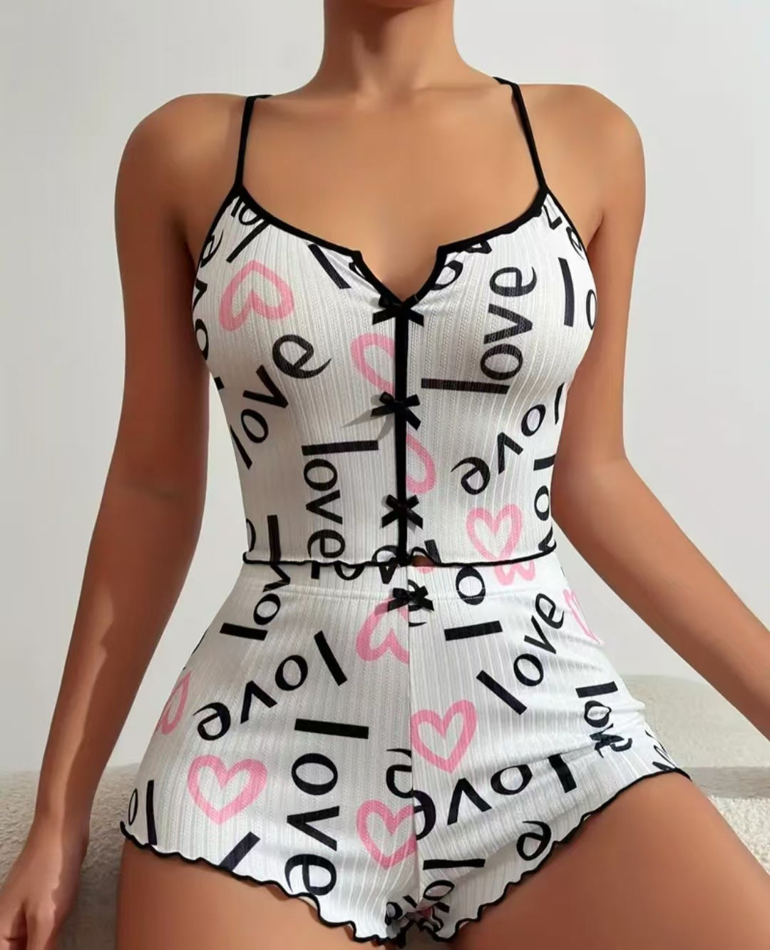 2024 Amazon Aliexpress New Product Heart-Shaped Printed Contrast Color Home Clothes Front Slit Suspender Pajamas Set