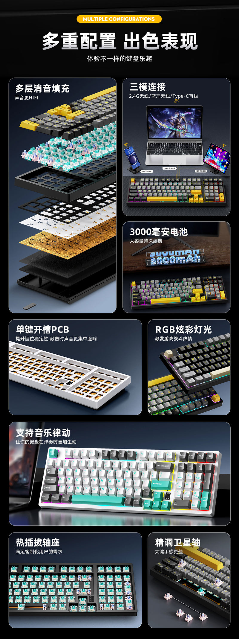Cracked K98 Customized Mechanical Keyboard E-Sports Office Game Hot-Swappable Rgb Wireless Bluetooth Three-Mode Keyboard