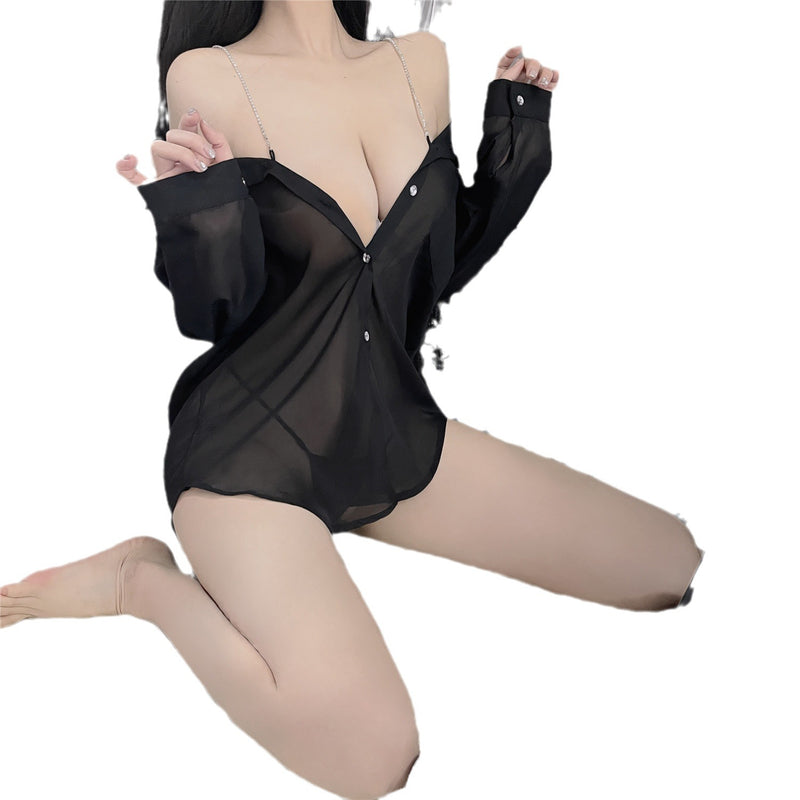 Plus-Size Lingerie Boyfriend Shirt Sexy See-Through Cute Pajamas Camisole Internet Celebrity Live Streaming Outfit Sexy Lace