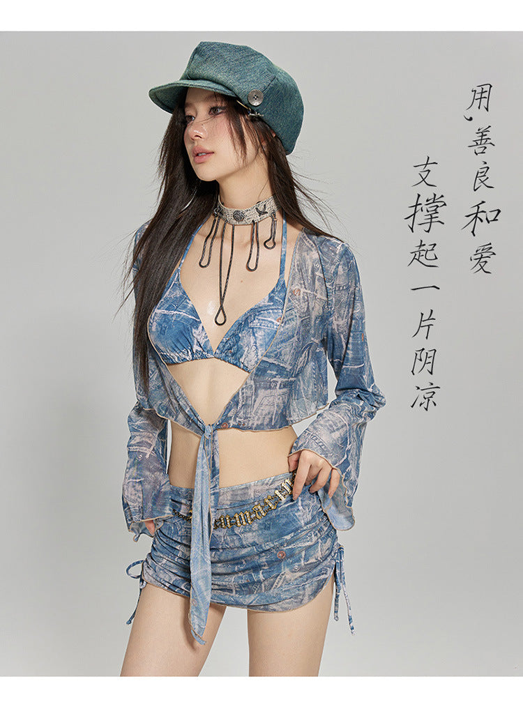 2024 New Korean Style Split Four-Piece Swimsuit, Feminine Small Breasts, Pure Desire, High-End Bikini Hot Spring Swimsuit