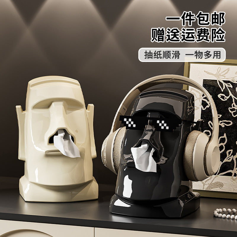 Creative Tissue Box Household Multifunctional Earphone Rack Large Capacity Built-in Spring Easter Island Moai Stone Tissue Box