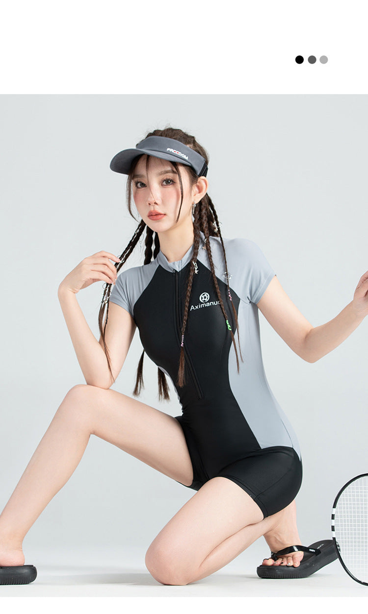 Korean Ins One-Piece New Style Swimsuit for Women, Conservative Square-Leg Athletic Style, Small Bust, Fresh Style, Hot Spring Wholesale Cross-Border Swimwear