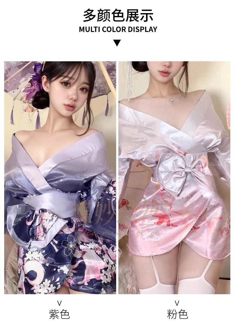 Diyi Miao Si Sexy Lingerie Deep V Floral Fox Dream Two-Dimensional Open-Front Japanese Retro Style Kimono Set A515