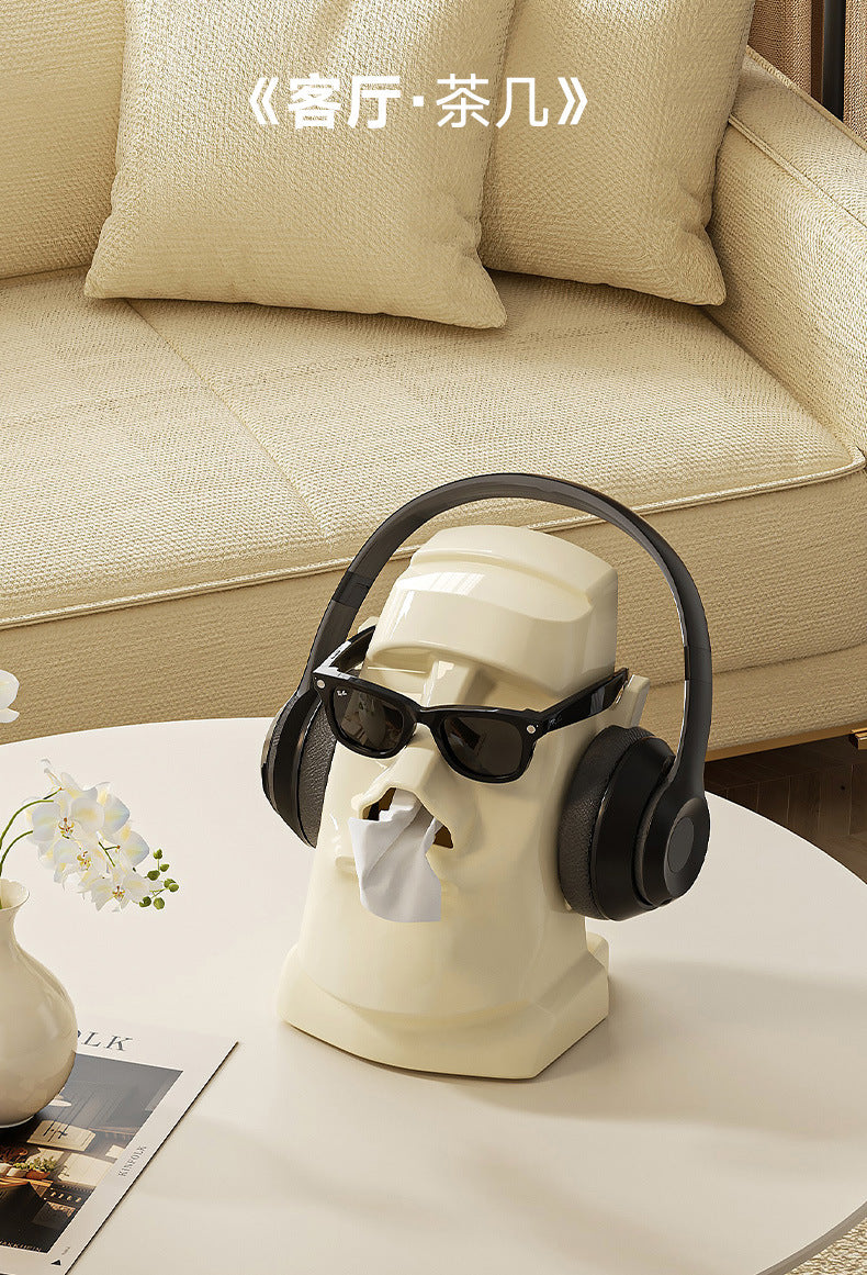 Creative Tissue Box Household Multifunctional Earphone Rack Large Capacity Built-in Spring Easter Island Moai Stone Tissue Box