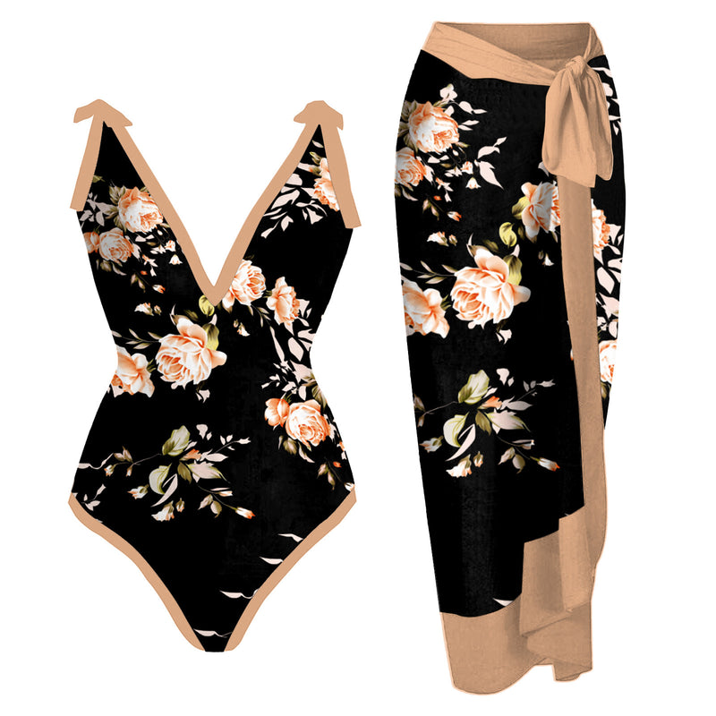 2026 European and American Foreign Trade Ins-Style Cross-Border Aliexpress Printed Swimsuit One-Piece Chiffon Hip-Covering Skirt Two-Piece Swimsuit