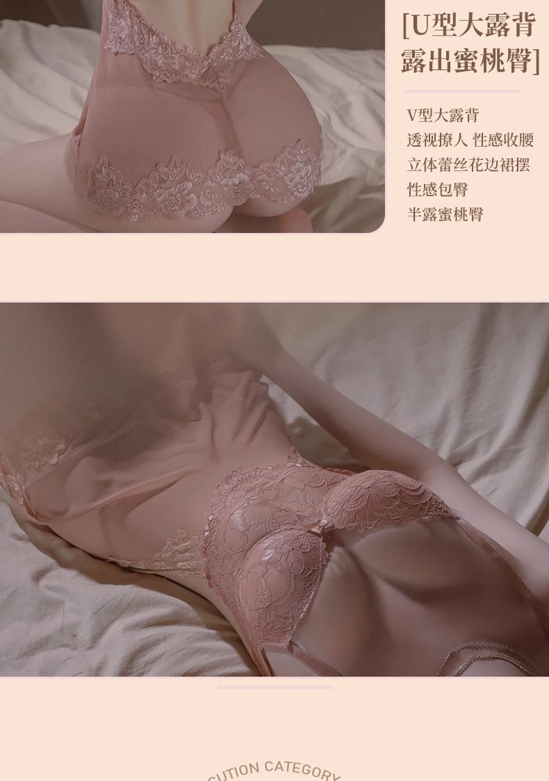 Sexy Lingerie with Breast Pads, Female Sexy Lace Suspender Nightgown, Pure Desire See-Through Small Breast Push-Up Suspender Nightgown for Women Qq