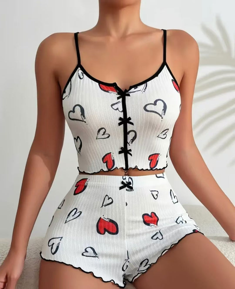 2024 Amazon Aliexpress New Product Heart-Shaped Printed Contrast Color Home Clothes Front Slit Suspender Pajamas Set