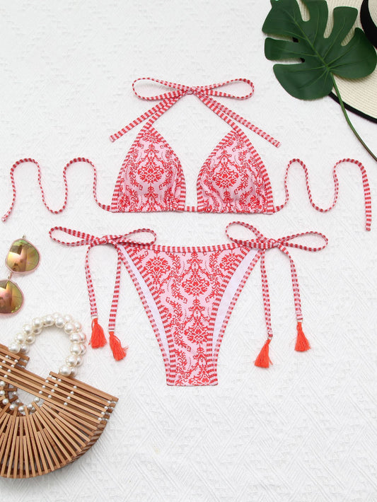 New Ins Style Sweet Pure Desire Style Bow Floral Stripe Split Double-Sided Swimsuit Women Bikini Sexy