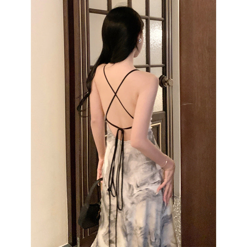 Ink Painting Suspender Dress for Women Summer 2025 New New Chinoiserie Backless Elegant Design Long Skirt Summer Dress