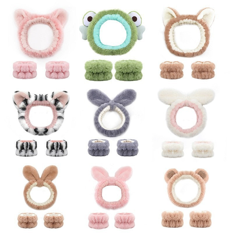 Amazon Plush Headband Wristband Set Face Washing Absorbent Headband Cartoon Cute Waterproof Hairband Wholesale