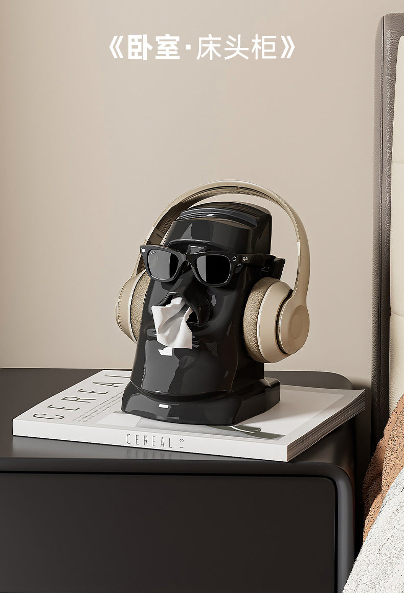 Creative Tissue Box Household Multifunctional Earphone Rack Large Capacity Built-in Spring Easter Island Moai Stone Tissue Box