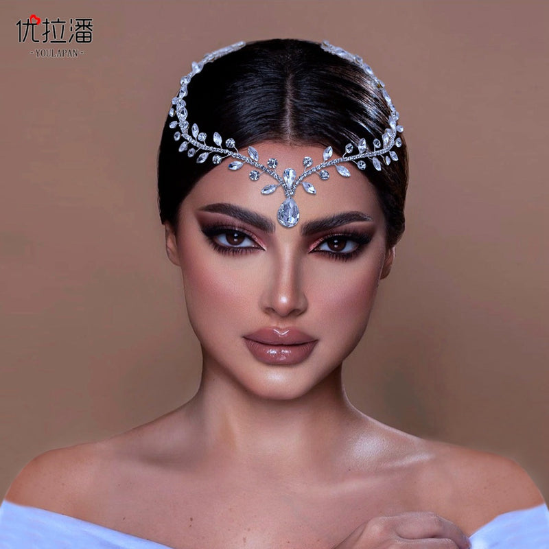 Youlapan Cross-Border European and American Simple Hairband with Rhinestones and Water Drop Design, Forehead Hair Chain, Symmetrical Hair Accessory Hp465