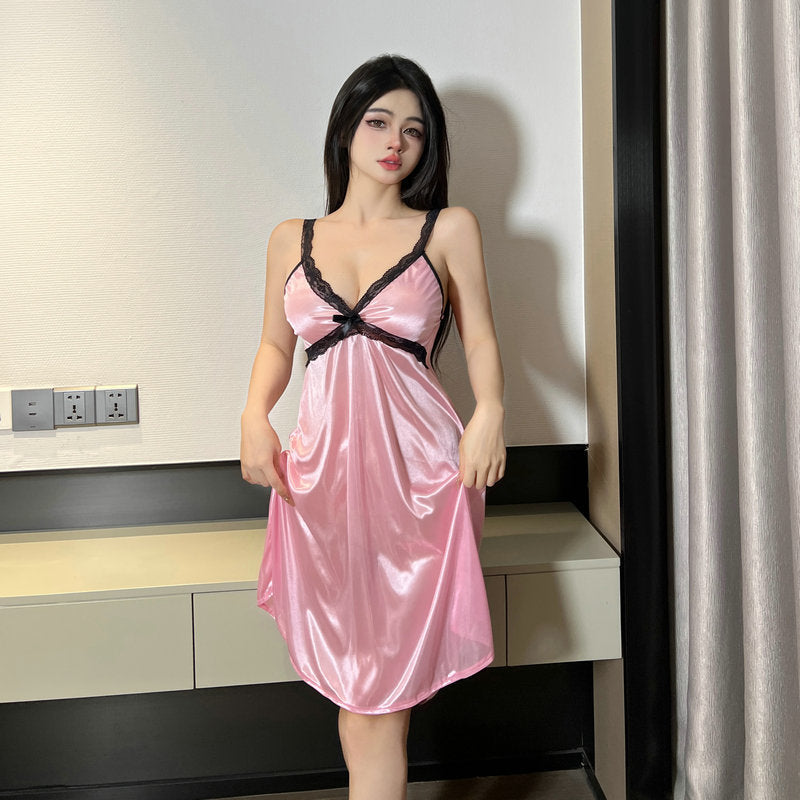 French Style Sexy Nightgown Pure Desire Home Clothes Pajamas suit Summer Mid-length Small Chest Thin Sling Nightgown Fun
