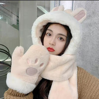 Fox Ear Hat and Scarf All-In-One Hat for Women in Winter, Cute Plush Fleece-Lined, Thickeneded and Warm, Two-Piece Set with Scarf