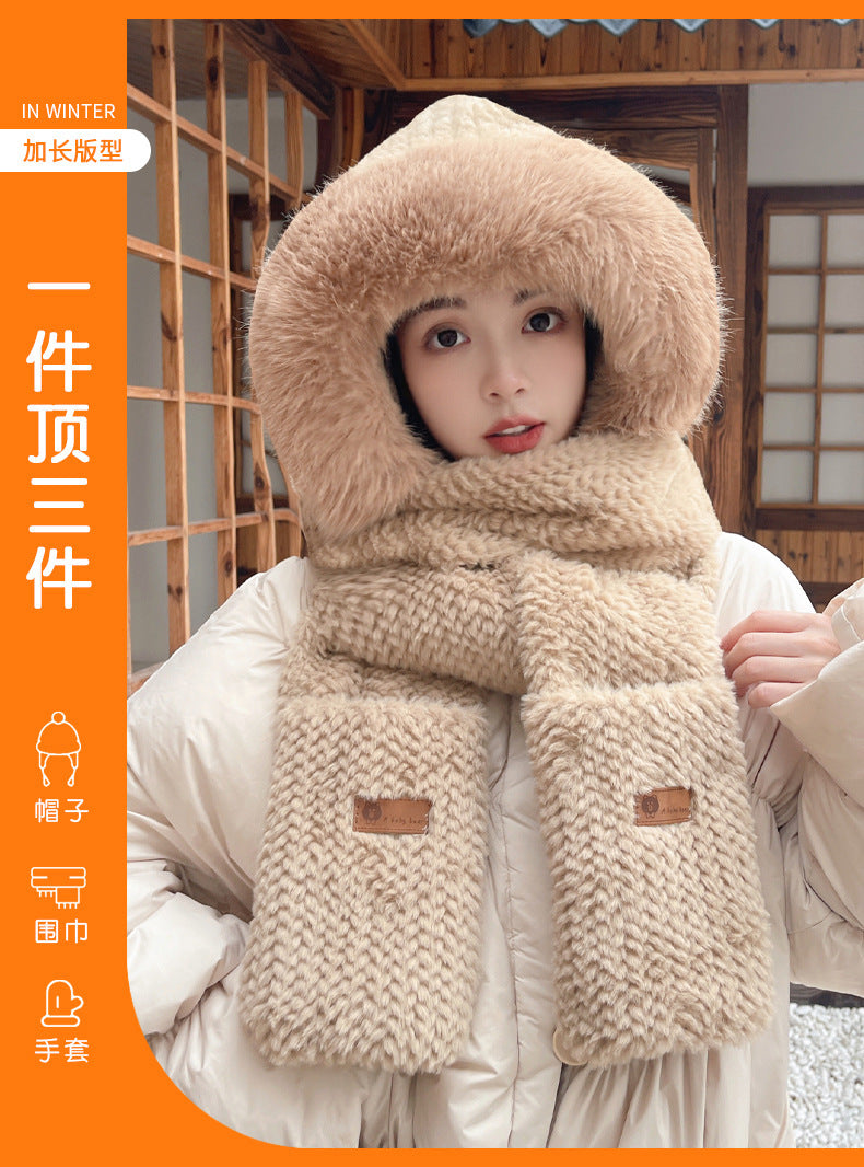 Fox Ear Hat and Scarf All-In-One Hat for Women in Winter, Cute Plush Fleece-Lined, Thickeneded and Warm, Two-Piece Set with Scarf