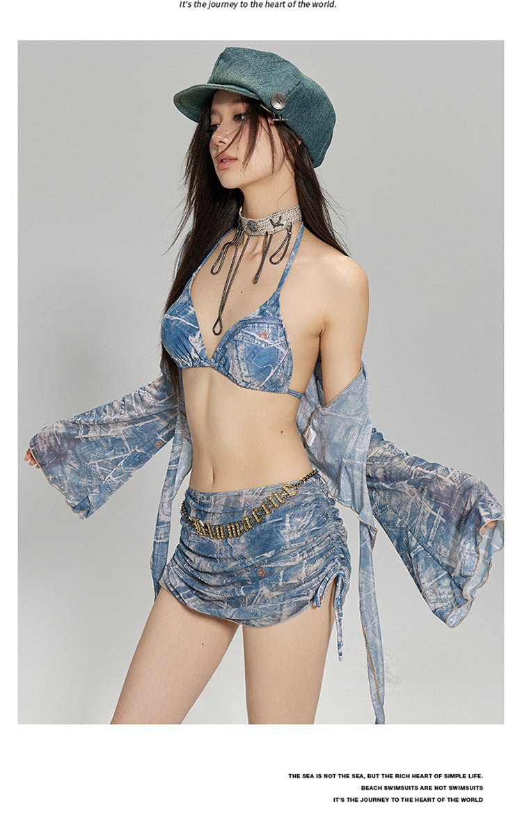 2024 New Korean Style Split Four-Piece Swimsuit, Feminine Small Breasts, Pure Desire, High-End Bikini Hot Spring Swimsuit