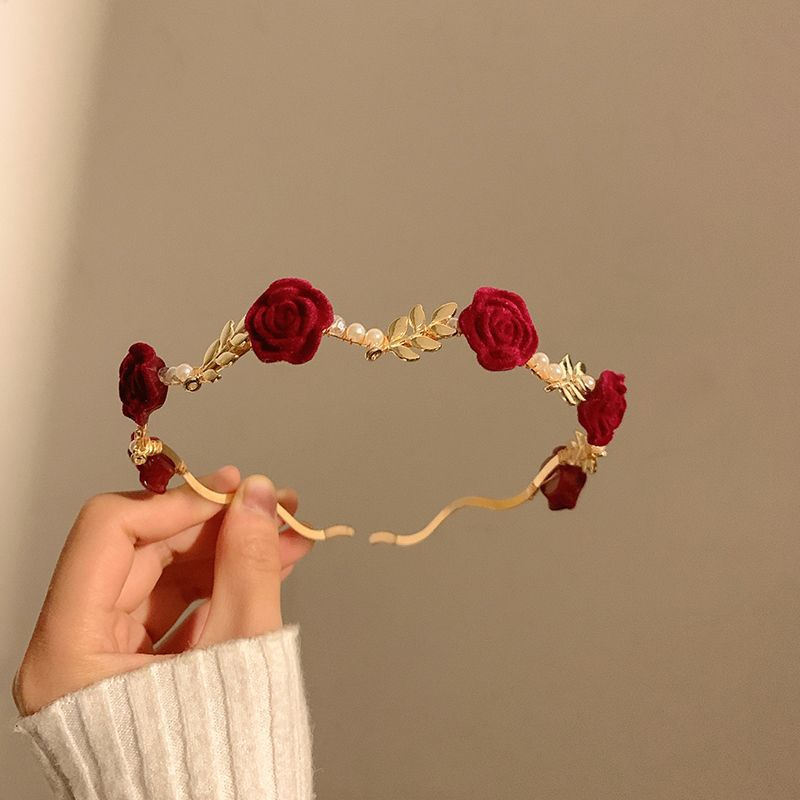 Cross-border Retro Dry Rose Red Flower Pearl Headband Women's High-end Sense Niche Hair Clamp Headband Bridal Headwear
