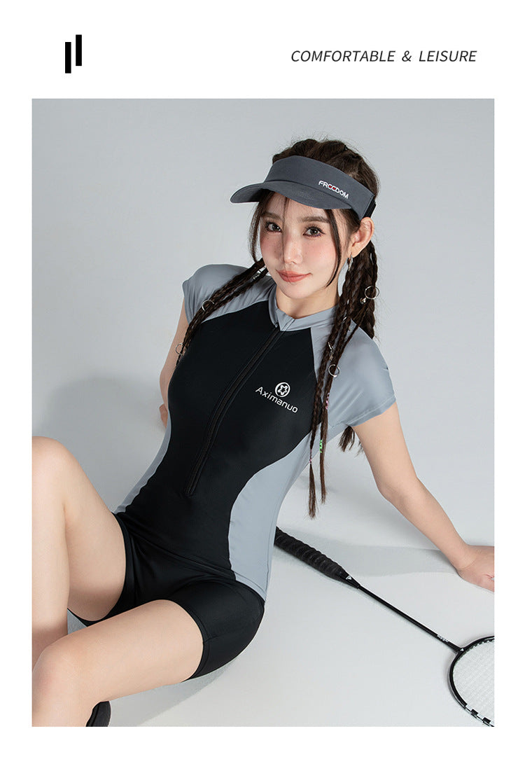 Korean Ins One-Piece New Style Swimsuit for Women, Conservative Square-Leg Athletic Style, Small Bust, Fresh Style, Hot Spring Wholesale Cross-Border Swimwear