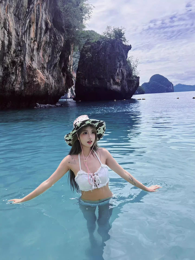 Internet Celebrity Sexy Pure Lust Hot Girl Denim Bikini White Slimming Small Breast Strap Split Vacation Swimsuit Women Summer