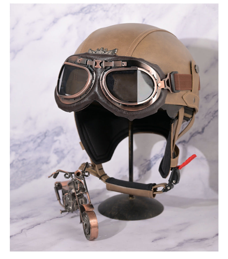 Cross-border Export Retro Personalized Helmet Lens with Label Motorcycle Half Helmet Scooter Cruise Leather Helmet Prince Helmet