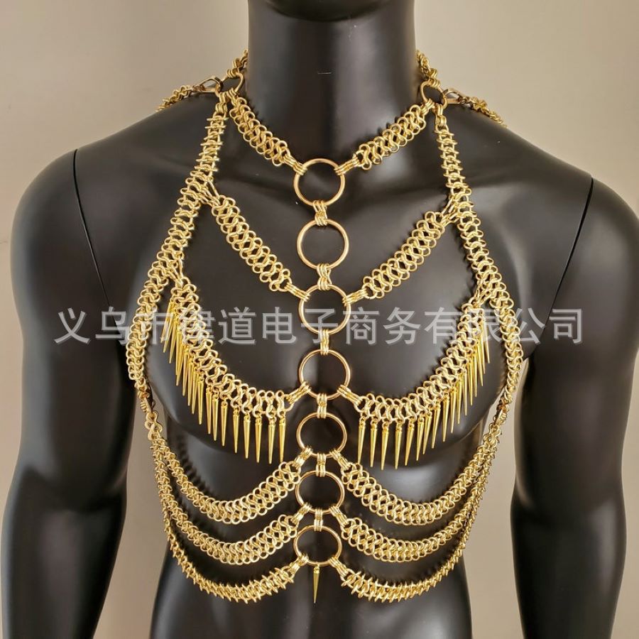 European and American Cross-Border Men's Heavy Metal Body Chain Personalized Street Shooting Multi-Layer Rivet Vest Performance Shooting Accessories