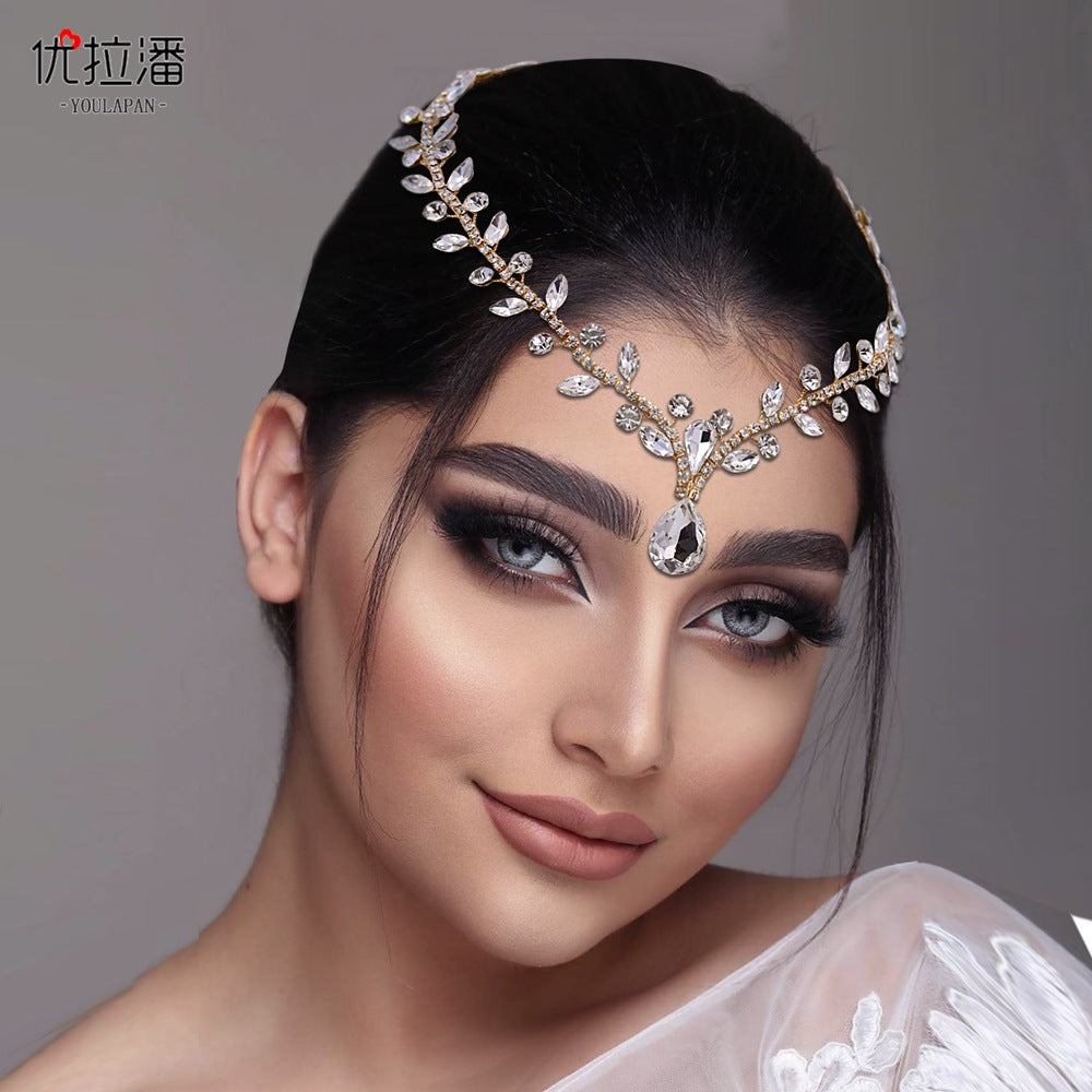 Youlapan Cross-Border European and American Simple Hairband with Rhinestones and Water Drop Design, Forehead Hair Chain, Symmetrical Hair Accessory Hp465