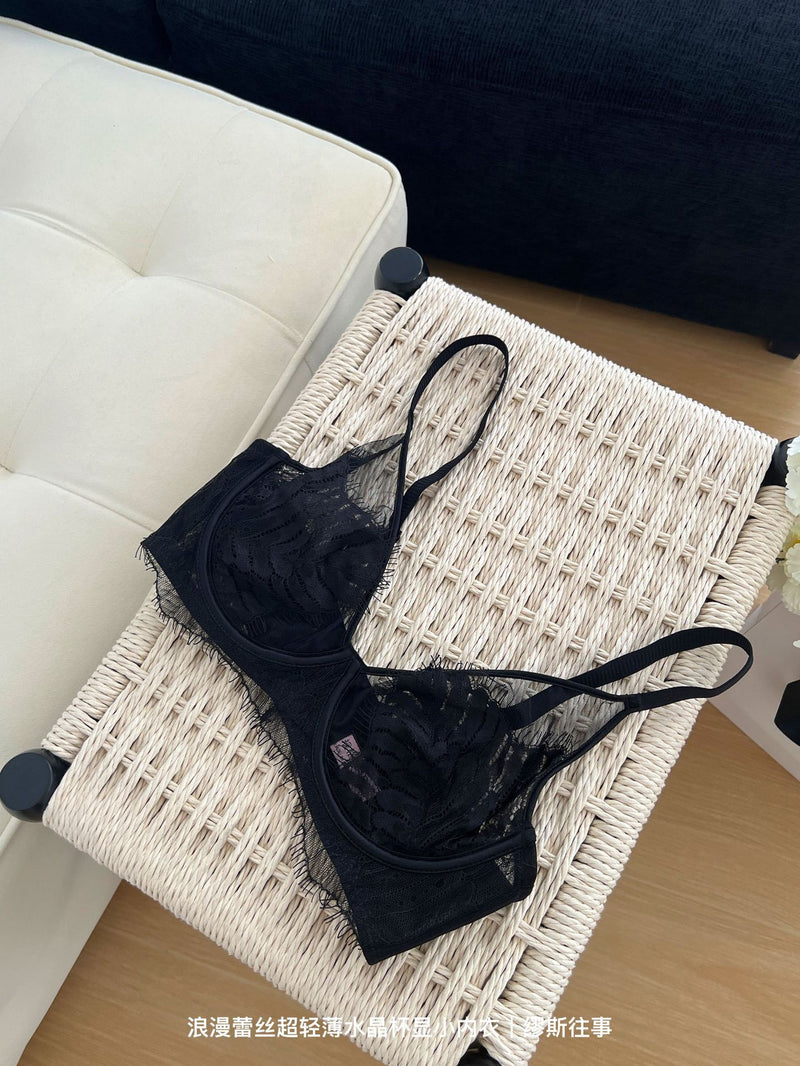 Pure Lust Style Ultra-Thin Sexy Mesh Lace Intimates for Women with Big Breasts, Small Push-Up Anti-Sagging Bra