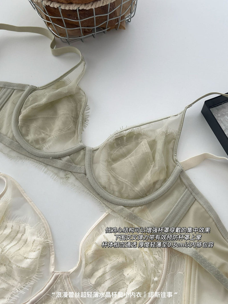 Pure Lust Style Ultra-Thin Sexy Mesh Lace Intimates for Women with Big Breasts, Small Push-Up Anti-Sagging Bra