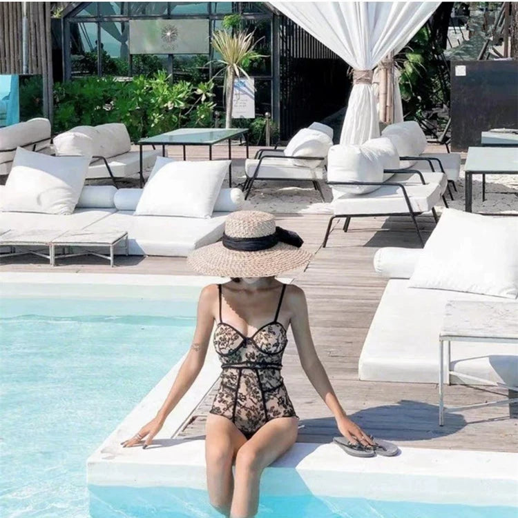 Ins Internet Celebrity Same Style Black Sexy Lace Swimsuit Women's Thinned Small Chest Push-up Slim Hot Spring Vacation Swimsuit