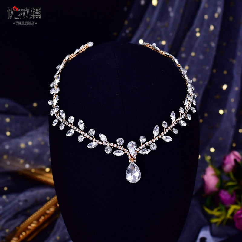 Youlapan Cross-Border European and American Simple Hairband with Rhinestones and Water Drop Design, Forehead Hair Chain, Symmetrical Hair Accessory Hp465