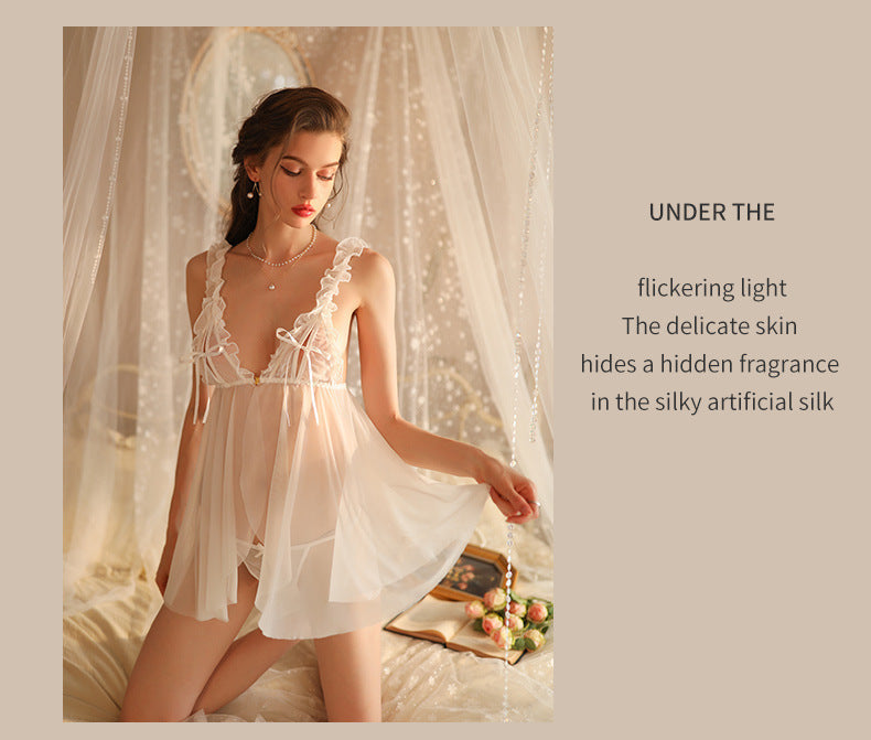 Sexy Lingerie, Sexy Pajamas, Women's See-through Lace Suspender Skirt, Ice Silk Thin Nightgown, Home Wear, Open File, No Need to Take Off