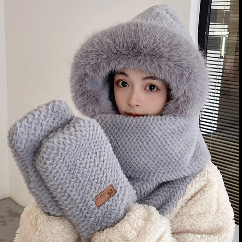 Fox Ear Hat and Scarf All-In-One Hat for Women in Winter, Cute Plush Fleece-Lined, Thickeneded and Warm, Two-Piece Set with Scarf