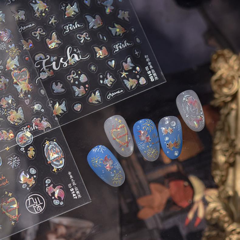 Goldfish Spark Nail Art Stickers Embossed New 3D Three-Dimensional 5D Internet Celebrity Ins National Style Koi Nail Stickers Decoration