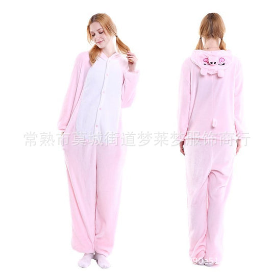 Special offer cartoon animal one-part pajamas pink pig adult autumn and winter cross-border flannel new men's and women's home clothes couple