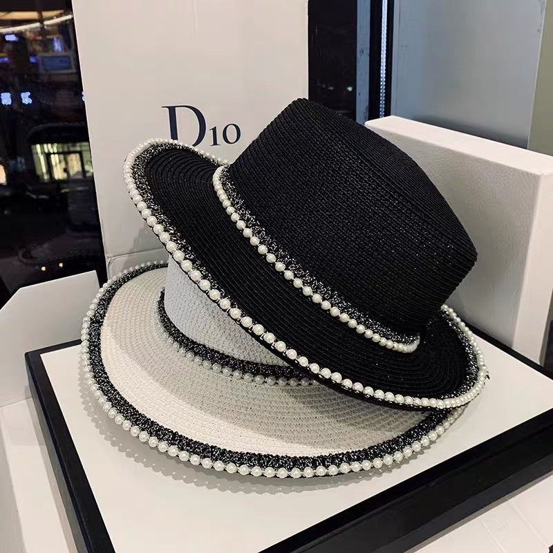 Summer Sunscreen Hat Korean Style Trendy Pearl Straw Hat Women's Seaside Sunshade Hat Outdoor UV Protection Sun Hat
